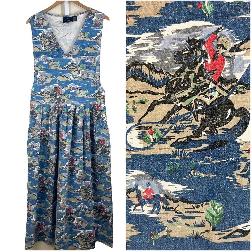 Vintage KB & Co Western Rodeo Scenic Print Pinafore Jumper Dress Large